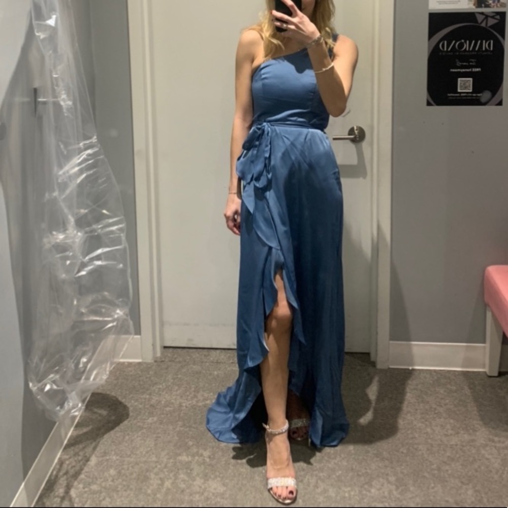 David’s Bridal Steel Blue Bridesmaid Dress